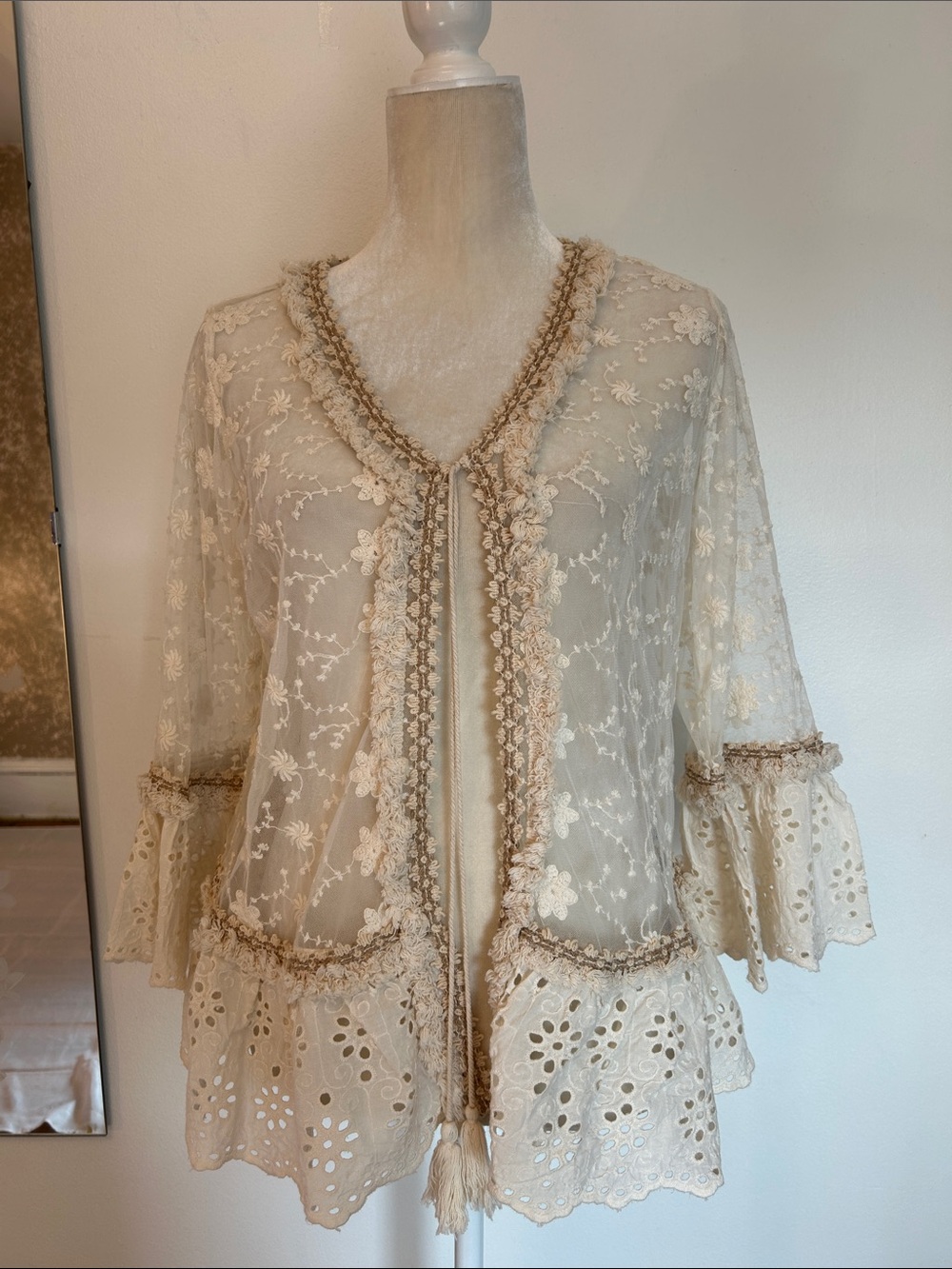 Sold Vintage Embroidered Cream Lace Open-Front Cardigan with Tassel Trim